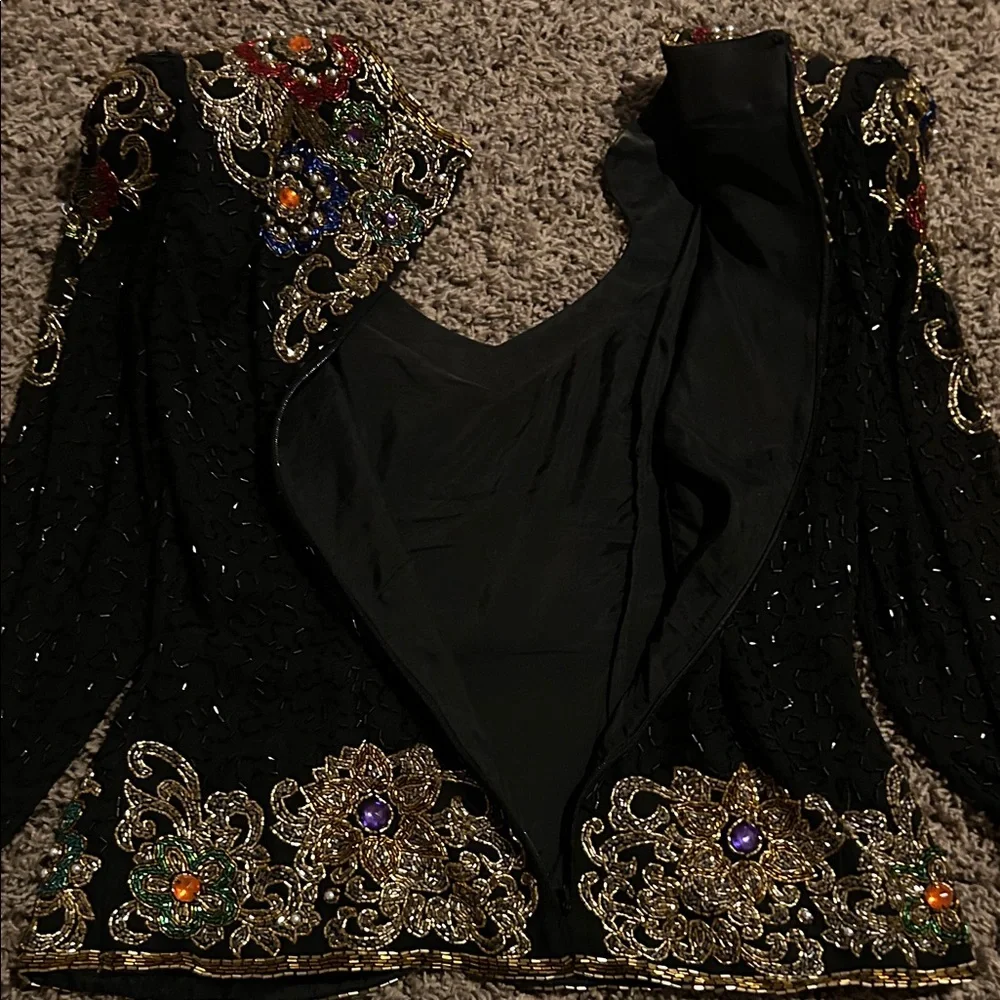 1980s Oleg Cassini Black Tie Multicolor Embellished Top - Picture 6 of 7